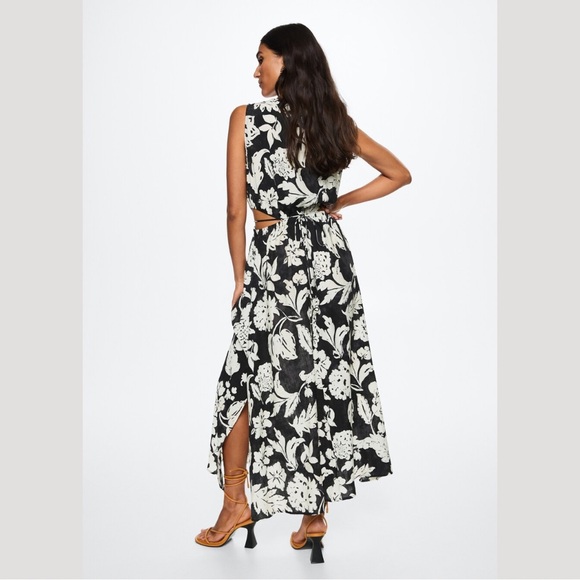 Mango side slit dress in black and white floral print size L - Picture 3 of 12